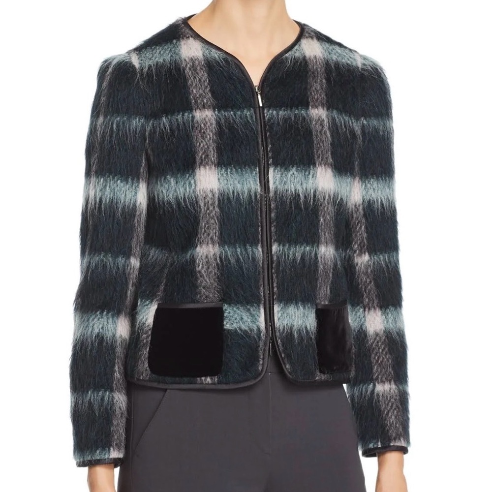 Emporio Armani Textured Wool Mohair Jacket – Green & Black Plaid – US 6